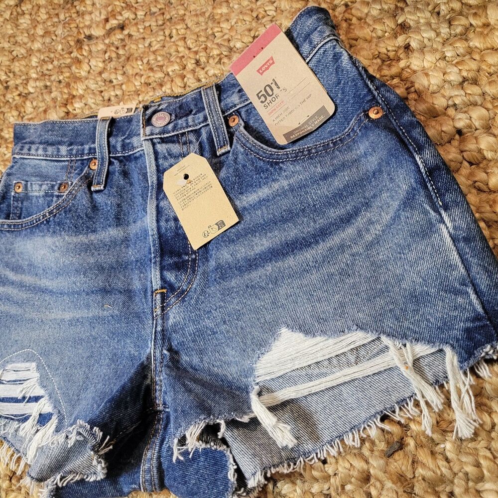 Levi’s 501 High Rise Button Fly Jean Short Denim Cut-Off Distressed Frayed 25 2